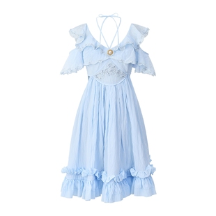 lefame拉飞姆佩斯利绣花A摆高腰X型连衣裙