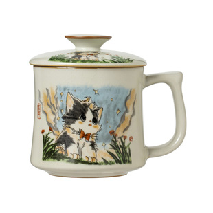 汝窑可爱猫马克杯陶瓷杯子办公室水杯大容量家用轻奢高级定制杯子