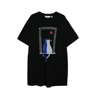 MOVEUP幻走2025夏季新款.FUN系列纯棉圆领猫咪印花中长款T恤女