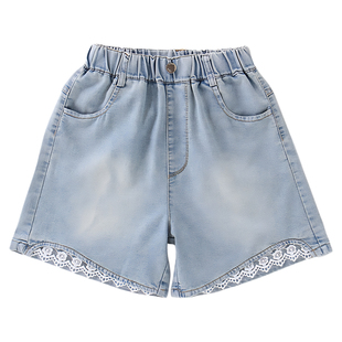 女童裤子夏薄款超好看韩系洋气蕾丝女孩浅色儿童天丝牛仔短裤外穿