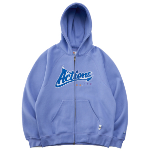 ACTIONS 秋冬季插肩加绒贴布绣拉链连帽卫衣美式宽松开衫外套男潮
