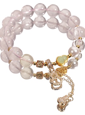 与卿珠宝【禄盈】 天然水晶手链10mm莫粉8mm柠檬晶贝珠手串女款