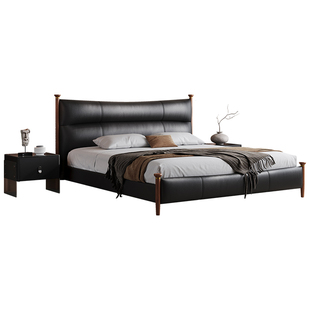 蓝色理想真皮床中古风1米8主卧双人床法式复古软包床高端大气婚床