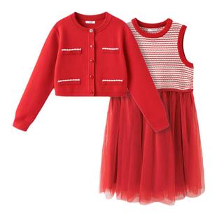 巴拉巴拉女童连衣裙纯棉内里套装大童长裙儿童新年款开衫春装童装