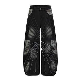 BTSG复古洗水做旧涂鸦拼接迷彩baggy牛仔裤宽松阔腿美式弯刀裤子