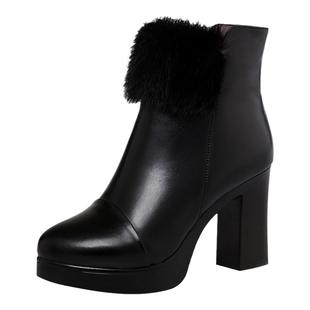 秋冬靴子加绒短靴女真皮侧拉链马丁靴粗跟防水台圆头保暖棉靴高跟