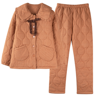 睡衣女冬季三层加厚加绒夹棉秋冬梭织纯棉珊瑚绒冬天可外穿家居服