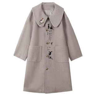 KEIKO [重工刺绣] 高级感娃娃领毛呢大衣25秋冬日系长款呢子外套