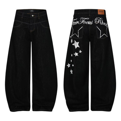 15GET 美式复古字母星星印花廓形弯刀牛仔裤baggy男女宽松阔腿裤
