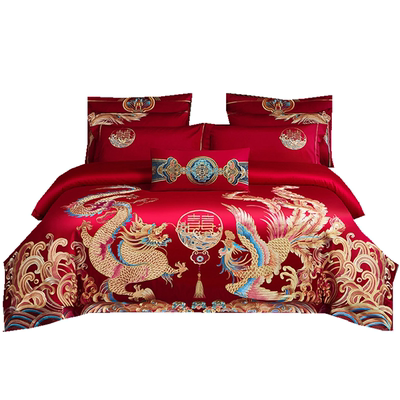 结婚长绒棉纯棉四件套全棉龙凤刺绣婚庆陪嫁新婚房用品送大红被芯
