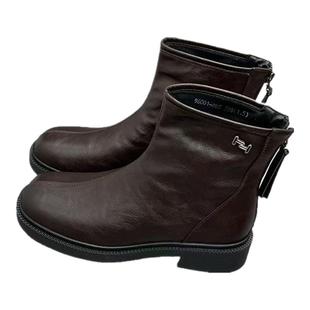 真皮瘦瘦靴方头平底马丁靴2025秋季新款英伦风后拉链切尔西短靴女