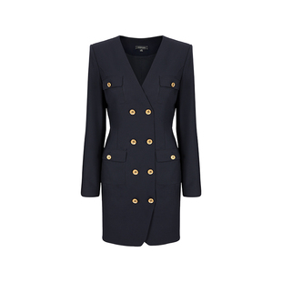 MARYLING玛俪琳秋季新品深蓝V领双排扣连衣裙A1EGW62080