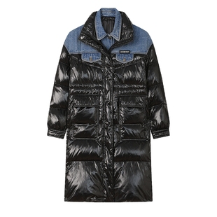 白鹿语设计感90鸭绒加厚羽绒服冬款时髦拼接牛仔保暖中长款外套女