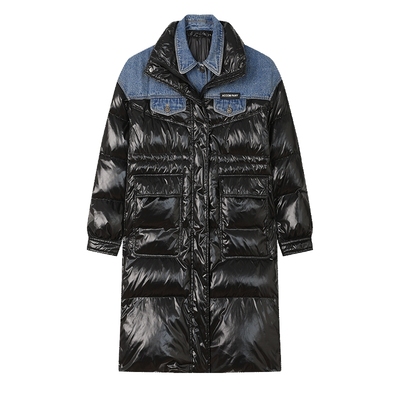 白鹿语新国标90绒子含量冬款时尚牛仔假两件翻领中长加厚羽绒服