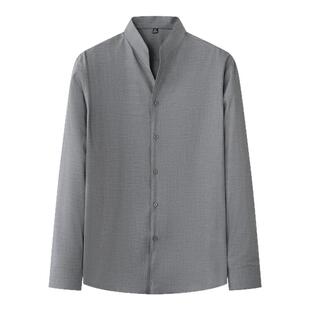 绅士痞帅莫代尔半开领商务长袖衬衫男士抗皱立领休闲白色衬衣修身