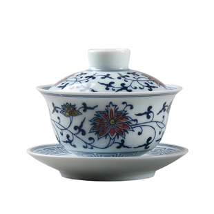 手工填彩青花釉三才盖碗泡茶器缠枝莲茶碗茶杯茶漏茶滤功夫茶具