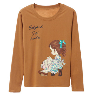 秋冬长袖加绒加厚t恤女圆领印花纯棉保暖打底衫短款百搭宽松上衣