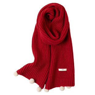 儿童围巾红色秋冬季男童女童针织毛线围脖宝宝纯色新年圣诞节围巾