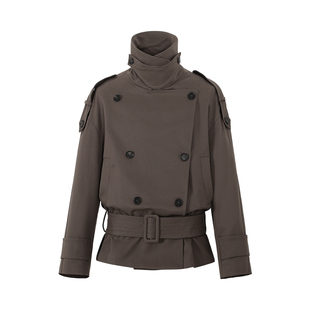 SINGLE MOMENT 25AW法式复古大立领宽肩短款双排扣系腰风衣外套女