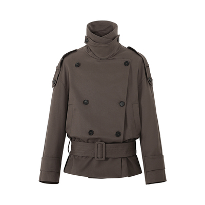 SINGLE MOMENT 25AW法式复古大立领宽肩短款双排扣系腰风衣外套女