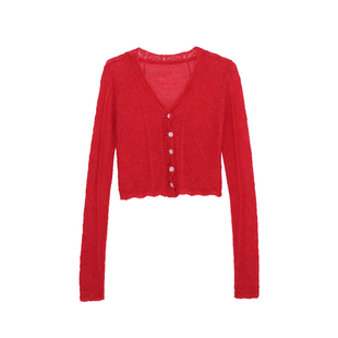 荒荒家微透麻花纯色针织衫2025春季新款韩系V领短款修身外套女ins