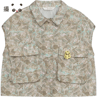 满印收腰大口袋装饰无袖衬衫