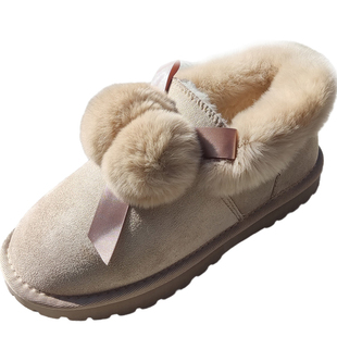 戈美其冬女鞋毛球低帮厚绒毛绒雪地靴保暖加绒棉鞋厚底真兔毛短靴