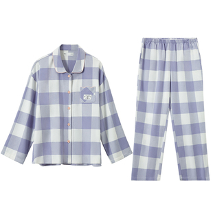 红豆呼吸棉睡衣女士纯棉A类柔软磨毛长袖家居服宽松格纹春秋新款