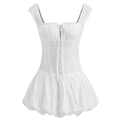 白色棉质荷叶边收腰显瘦连衣裙