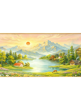 旭日东升沙发后装饰画现代简约流水生财客厅挂画聚财高级感山水画