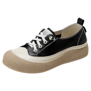 西村名物2026新款复古风真皮厚底板鞋女2025新款系带休闲鞋百搭