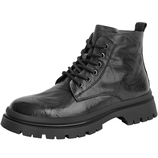 百丽男鞋厚底增高真皮马丁靴冬季款加绒保暖英伦风短靴子8CQ01DD3