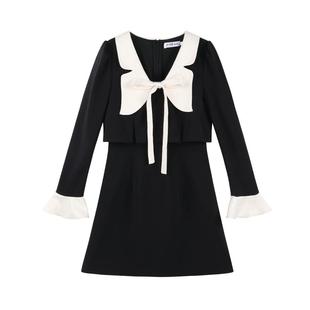 小香风黑色v领长袖连衣裙女春装2025新款收腰富家千金高级感a字裙