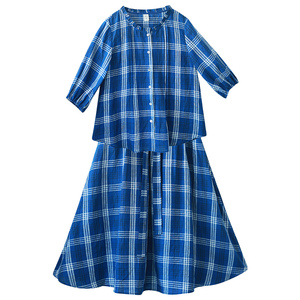 蓝色亚麻格上衣A字裙女夏季套装