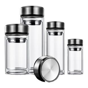 矮胖加厚双层玻璃泡茶杯水晶商务喝水杯子防烫高档过滤透明大容量