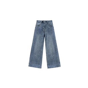 蓝色烫钻加绒宽松阔腿牛仔裤女春季2026高腰显瘦百搭设计感直筒裤