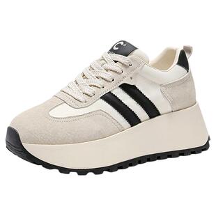 千百度休闲鞋女春季新款舒适百搭潮流运动鞋厚底增高拼色华夫鞋子