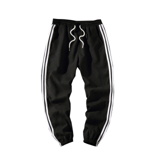 夏季薄款纯色三条杠运动裤休闲裤男纯色宽松大码九分哈伦裤工作裤