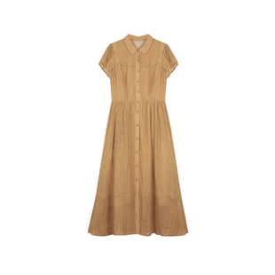 solighter 法式苎麻娃娃领衬衫连衣裙夏季新款泡泡袖显瘦收腰长裙