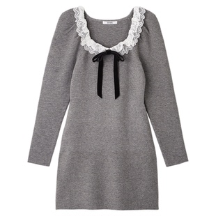 SNIDEL2025秋冬新品蕾丝方领长袖收腰短款针织连衣裙SWNO255175