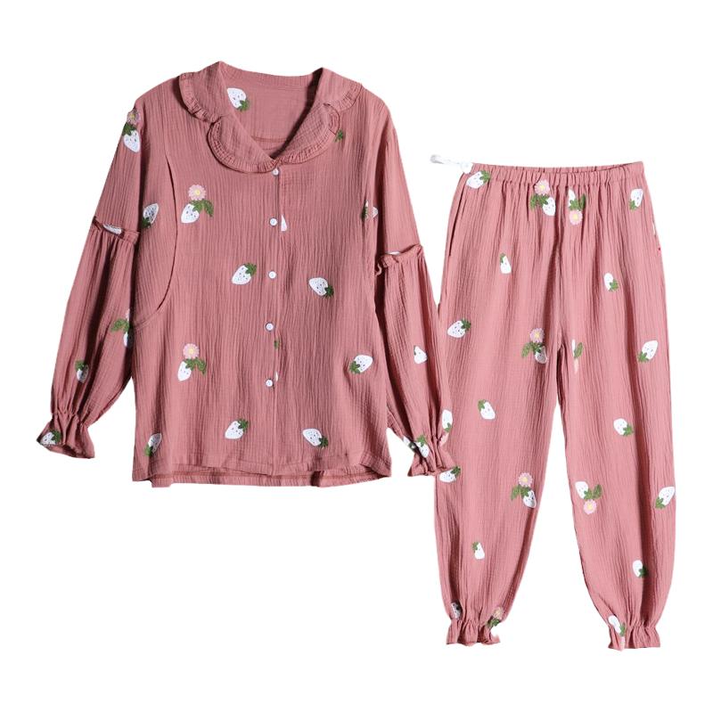女纯棉纱布草莓哺乳月子服