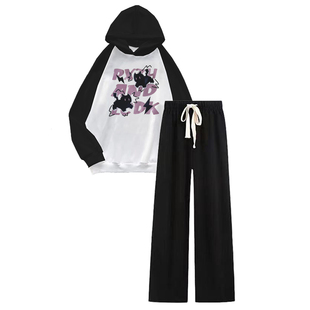 秋季女款卫衣女初中生女秋套装帽插肩长袖上衣女小个子运动休闲裤