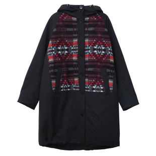 MOVEUP幻走2025冬季新款.FUN系列连帽橡筋绳毛呢图案长款棉外套女