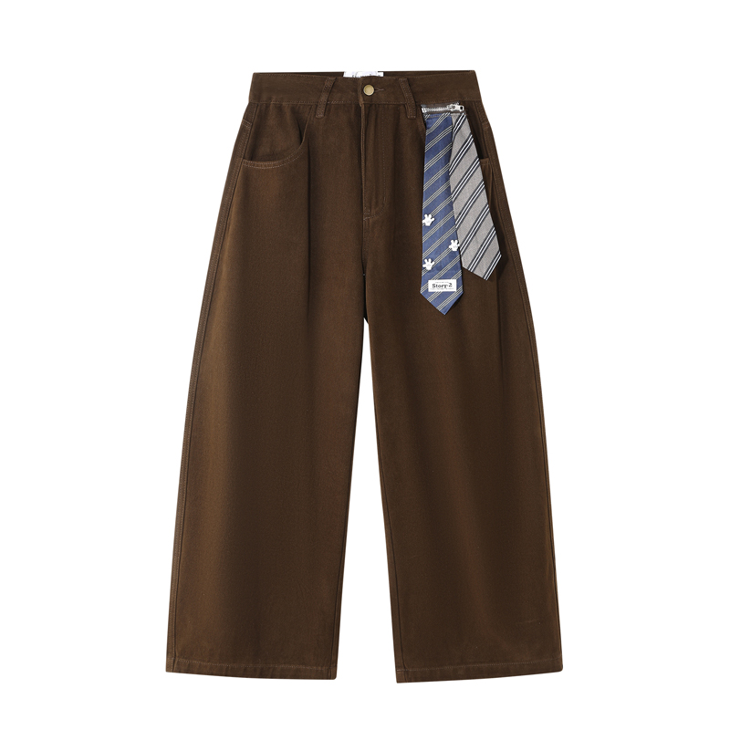 大码女装胖mm复古领带拼接弯刀阔腿裤女黑色显瘦宽松垂感工装裤子