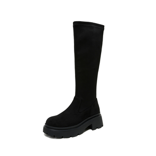 英伦风绒面长筒靴弹力瘦瘦靴女秋冬季新款长靴胖mm粗腿加宽高筒靴
