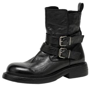 BeauToday厚底粗跟骑士靴女2025新款秋季英伦风马丁靴真皮短靴子