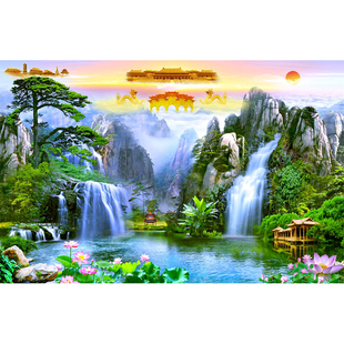 佛堂供佛山水画壁纸天宫天庭仙道佛背景墙纸流水生财祠堂禅房壁画