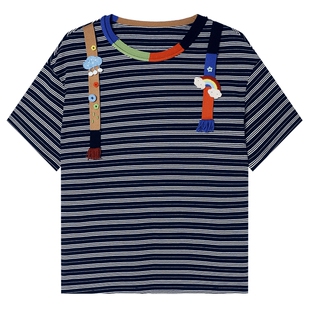 白鹿语趣味织带撞色条纹短袖T恤26春夏新款青春减龄宽松休闲上衣