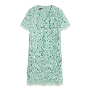 YINER音儿专选秋季法式V领钩花镂空蕾丝提花H型连衣裙