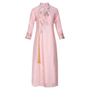 旗袍复古民国风2025年新款春季中式女装唐装刺绣修身改良连衣裙